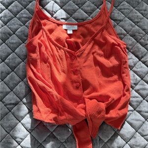 Topshop Orange-Red V-Neck Button Tank with Front Tie